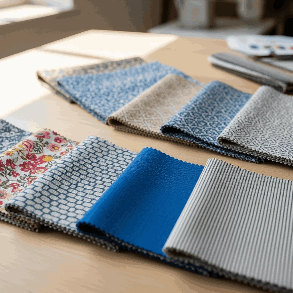 Blue and neutral textile samples laid out for fabric development