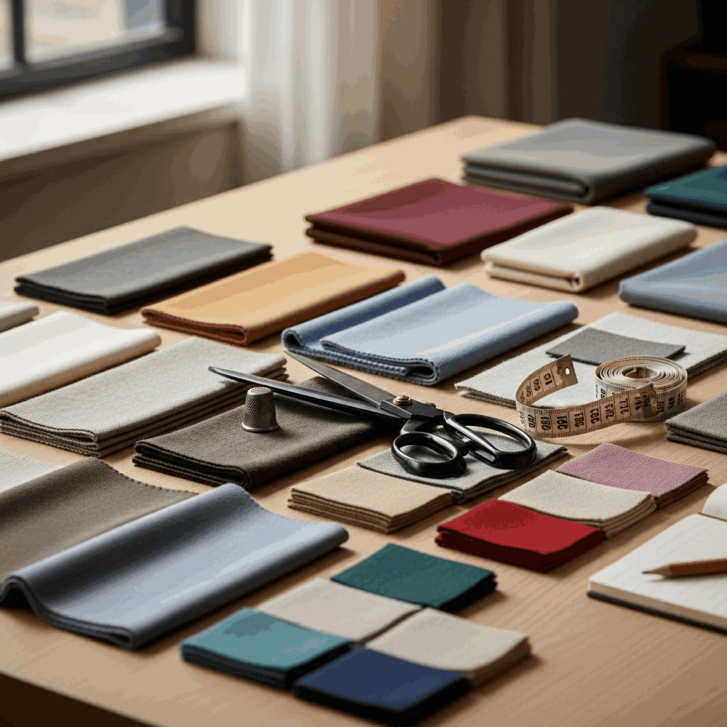 A considered selection of textile swatches, scissors, and measuring tools on a table