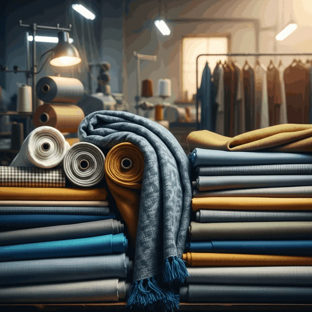 Richly textured fabrics in indigo, cream, and golden tones arranged in a textile studio