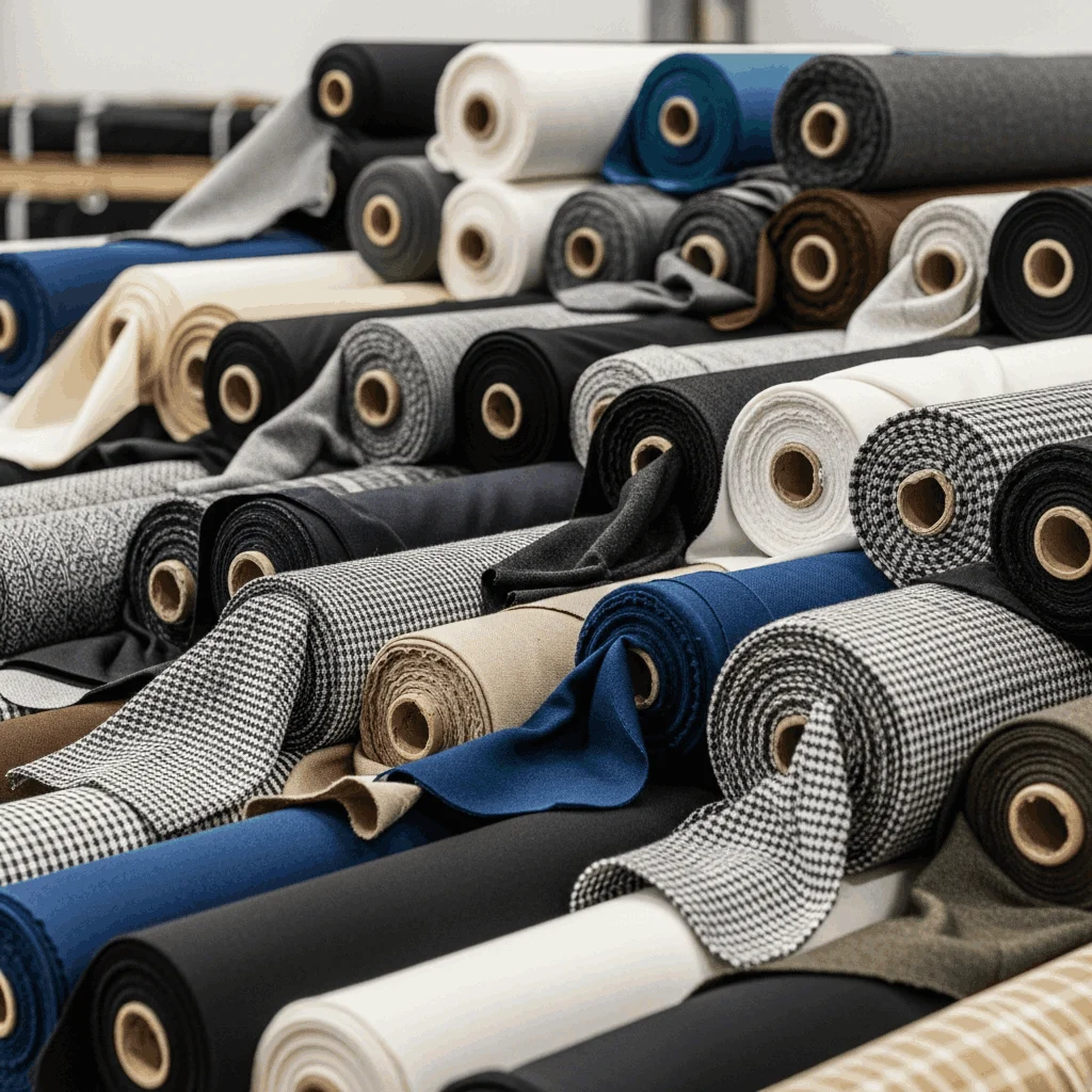 An assortment of charcoal, ivory, and navy fabric rolls for bulk textile orders